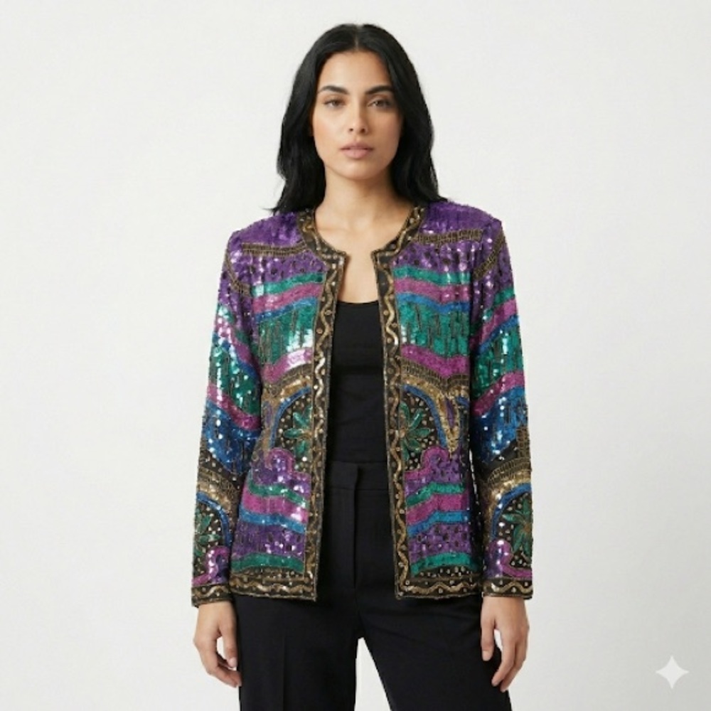Jakelin Designs Statement Jacket Beaded Sequin Abstract Silk Black Purple XL